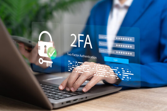 Businesswoman Using Two Factor Authentication (2FA) on Laptop and Smartphone for Secure Account Access, Cybersecurity, Identity Verification, Data Protection, Cloud Storage and Digital Privacy