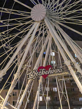 Czestochowa, Poland, February 26, 2026: The Great Carousel (Ferris Wheel) at Bieganski Square in Czestochowa, view at night