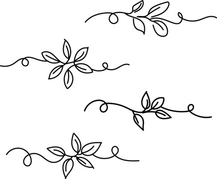 Continuous line art floral divider set with abstract minimalist leaf branch flourish vector illustration. Simple single line drawing of botanical vine borders isolated on white background