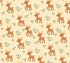 Fototapeta premium Cute Baby Deer and Floral Seamless Background Pattern with Woodland Animals, Delicate Wildflowers and Charming Nursery Style Illustration