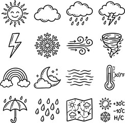 Fototapeta premium Doodle style weather and climate forecast icons set with forecast lightning snowflake temperature