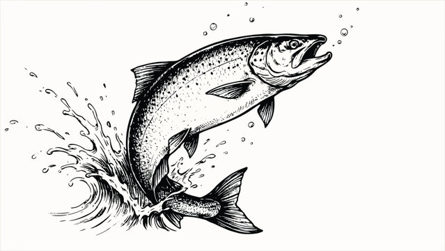 Jumping salmon fish with blue water splash vintage vector illustration