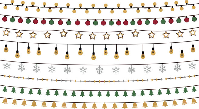Christmas Garland String Lights Vector Collection Featuring Festive Fairy Lights Hanging Edison Bulbs Stars Snowflakes Holiday Trees and Jingle Bells Borders