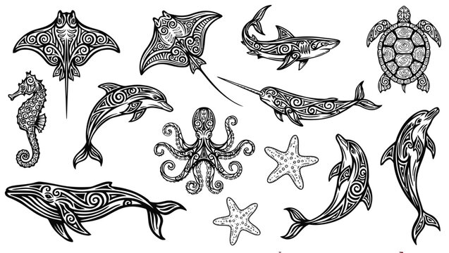 Tribal sea animal silhouette vector set with polynesian tattoo patterns