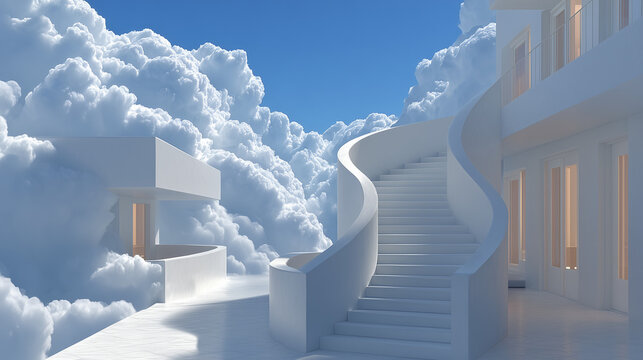 Surreal Floating White Staircases Above the Clouds, Luxury Conceptual Fine Art Photography