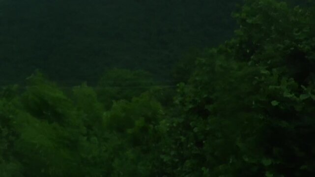 Windstorm with rain in rural countryside location during evening.