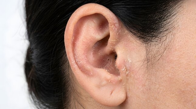 Ear with skin rash psoriasis symptom eczema dermatitis problem allergic reaction medical issue.