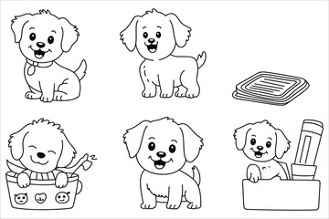 Obraz premium Set of cute hand drawn puppy dog doodle in various poses including sitting, standing, and playing in a basket on white background