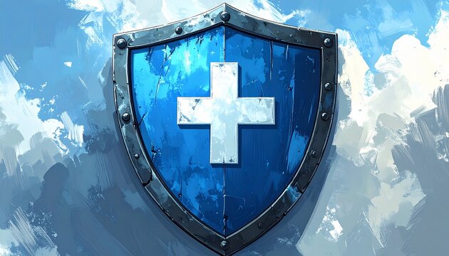 A conceptual illustration of a metallic blue shield featuring a white cross symbol representing health safety security protection and wellness.