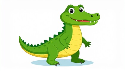 Fototapeta premium A cute green crocodile character standing in a friendly pose isolated on a white background for children books and educational designs.
