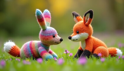 Naklejka premium Hand knitted rabbit and fox toys sit together in green grass with small purple flowers. One toy has colorful stripes, the other is orange. Cute friendship scene.