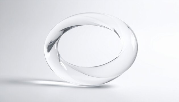A sophisticated abstract sculpture of a transparent glass mobius strip representing infinity and modern elegance isolated on white background.