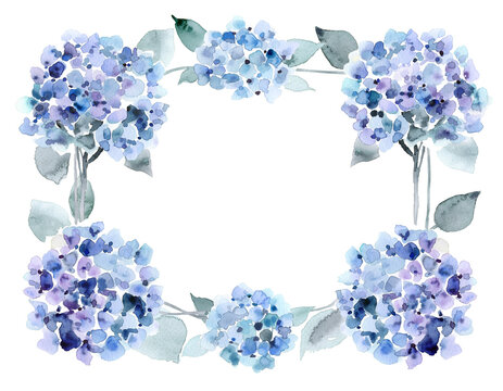 Watercolor hydrangea ajisai flower frame border on transparent background