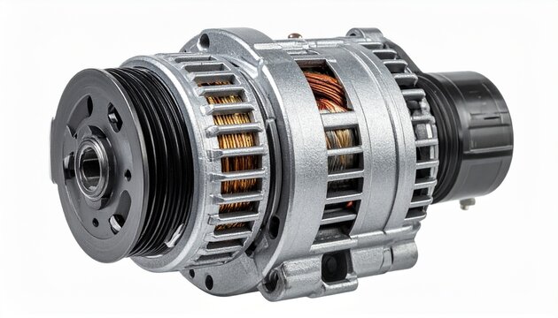 High performance automotive car alternator isolated on a white background showing copper windings and heavy duty metal housing construction.
