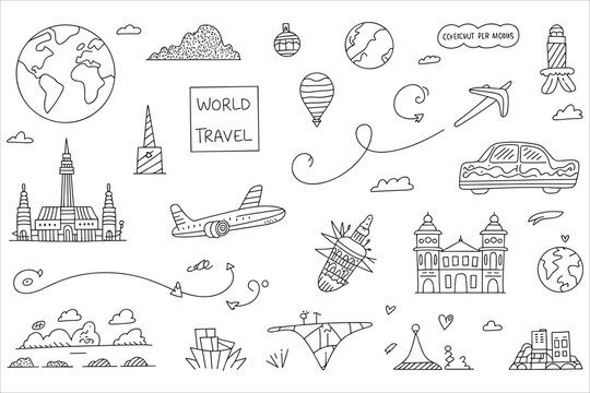 Travel doodle set featuring airplanes, landmarks, globes, cars, and clouds hand-drawn on a plain white background