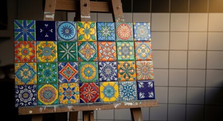 Naklejka premium Colorful Tiles Displayed on Easel in Art Studio Setting