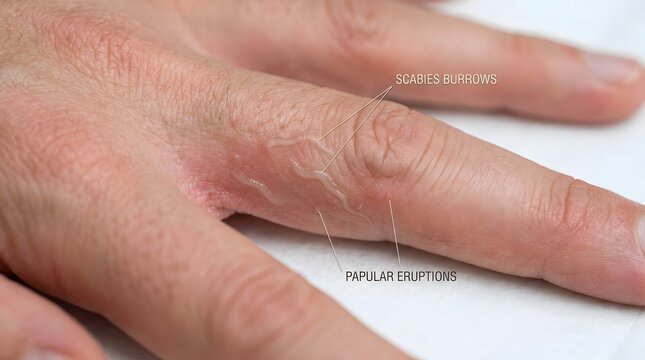 Detailed medical illustration highlighting scabies burrows and papular eruptions on hand.
