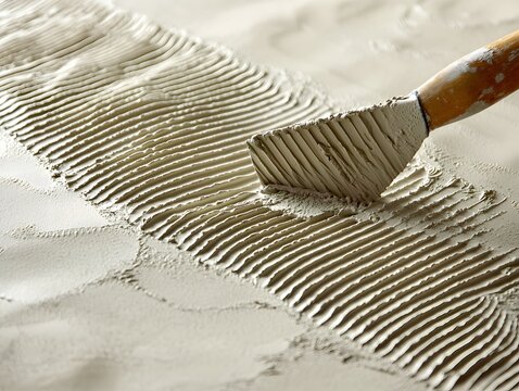 Tile Adhesive Spread with Notched Trowel Creating Combed Ridges