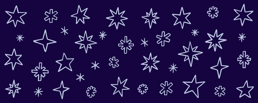 Hand drawn stars and sparkles with crayon texture collection. Starburst and pastel crayon scribble star set. Vector magic spark clip art isolated for holiday party event and promo.