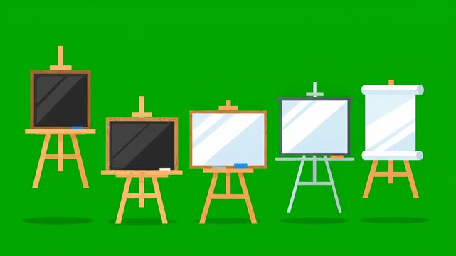 A row of five wooden easels with various colored canvases on a green background