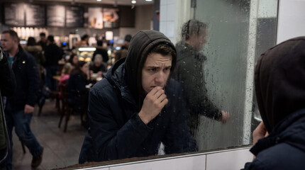 Fototapeta premium Young man wearing a hoodie reflecting in a rainy cafe window, expressing sadness and contemplation while surrounded by city life