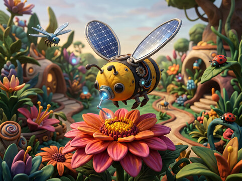 Whimsical solar-powered bee automaton collecting nectar from giant flower in vibrant claymation garden scene with ladybugs and dragonflies.