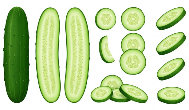 Fresh Cucumber Collection Whole Half and Slice Realistic Vector Illustration