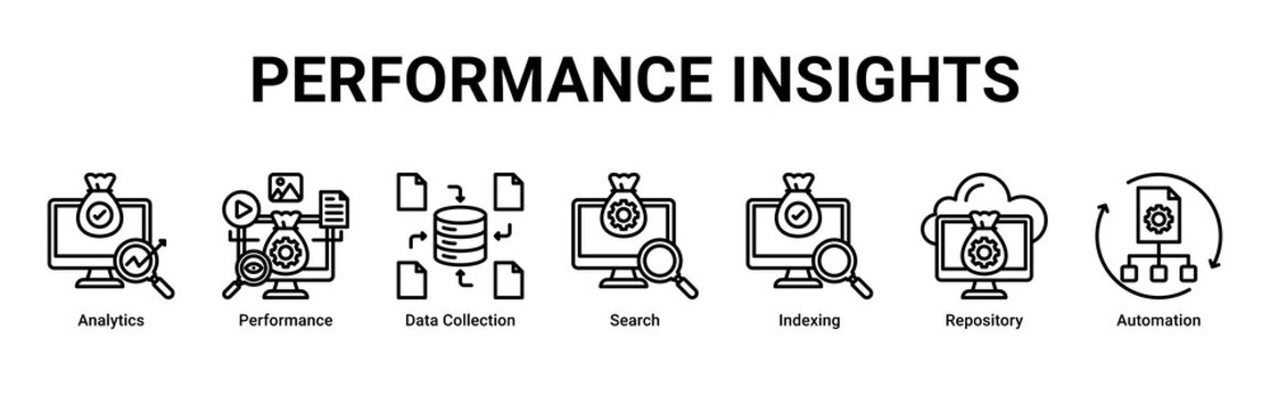 Performance Insights web banner icon vector illustration with icons of Analytics, Performance, Data Collection, Search, Indexing, Repository and Automation