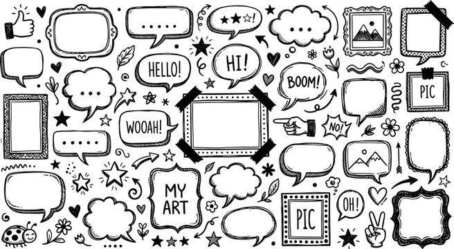 Hand drawn doodle speech bubbles and frames for scrapbooking and collages