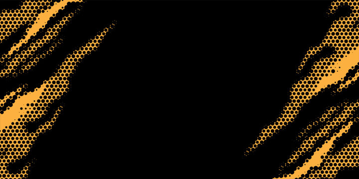 Abstract orange and black halftone texture background with central copy space in comic pop art style.