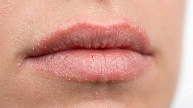 Close up photo of an irritated and chapped female lip with flaky dry skin.