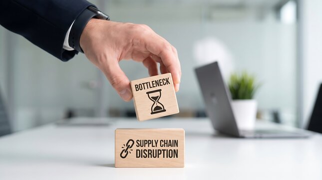 Businessman holding wooden block with bottleneck concept above supply chain disruption block on office desk