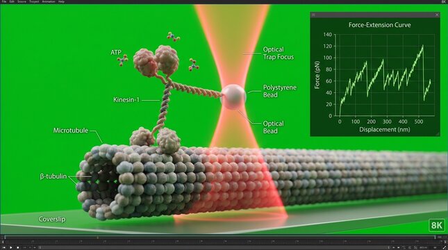 Detailed illustration of a microtubule with kinesin1 and optical trap focus on green background