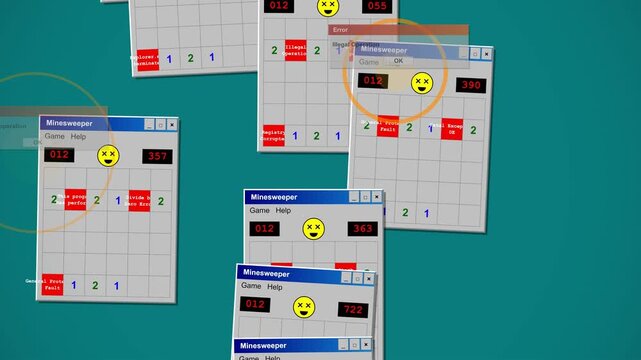 Multiple floating digital windows showcasing a retro logic grid puzzle game with smiley faces and numeric clues on a teal background