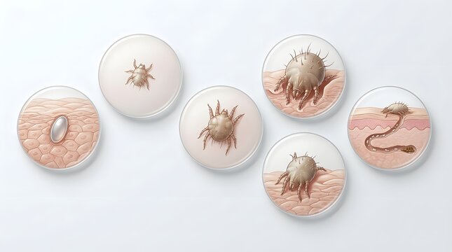 Dermatology concept featuring various stages of scabies mite infection on human skin.