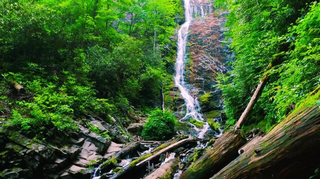 Mingo Creek Cascading Over The Moss Covered Cliffs at Mingo Falls, Great Smoky Mountains National Park, North Carolina, USA