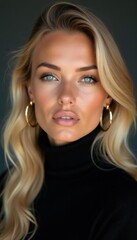 Naklejka premium Blonde woman with blue eyes, hoop earrings looks directly into camera. She wears black turtleneck, warm makeup. Studio close-up focuses on her face, shoulders. Soft lighting enhances her features.