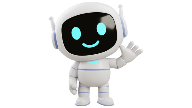 3D render of a cute white robot character waving
