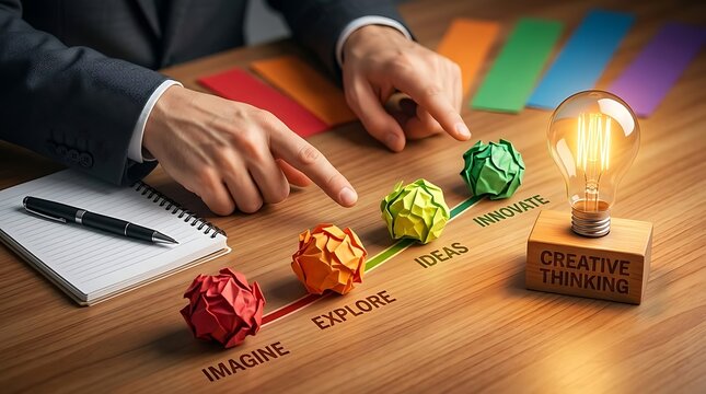 Creative thinking and innovation process concept from imagination to idea generation with crumpled paper balls and glowing lightbulb