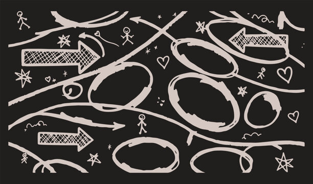 A chaotic, hand-drawn doodle pattern featuring scattered white circles, arrows, stars, hearts, and stick figures on a black background.