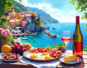 Naklejka premium Idyllic breakfast scene with eggs, bacon, fruit, cheese, and wine overlooking colorful Italian coastal village. Ocean view from balcony invites relaxation and enjoyment of Mediterranean lifestyle.