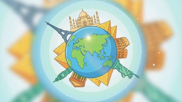 World Tourism Day - Rotating Globe with Famous Landmarks Animation
