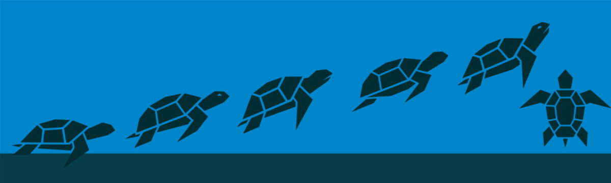 Illustration of a group of sea turtles swimming in the blue ocean, showcasing marine life and aquatic movement.