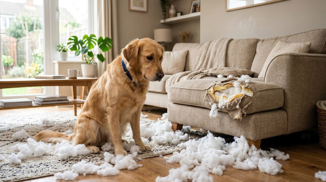 Dog with guilty expression near torn couch, surrounded by shredded stuffing from cushions and scattered fluff across living room floor. Pet's guilty look reveals playful mischief and domestic chaos.