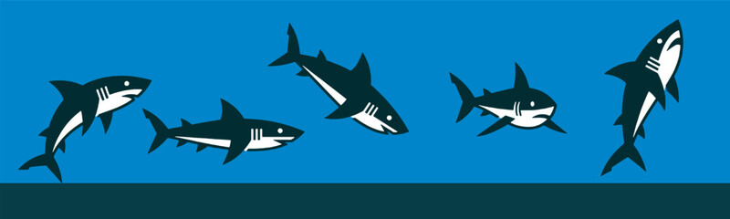 Illustration of a group of sharks swimming and jumping in the ocean, depicting marine life and underwater activity. © Riki