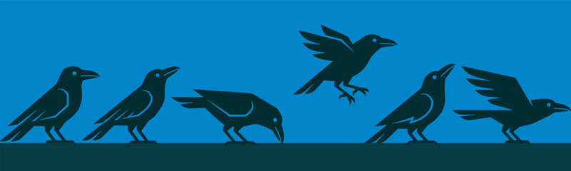 Obraz premium A sequence of black crows in various poses, illustrating movement and behavior against a blue background.