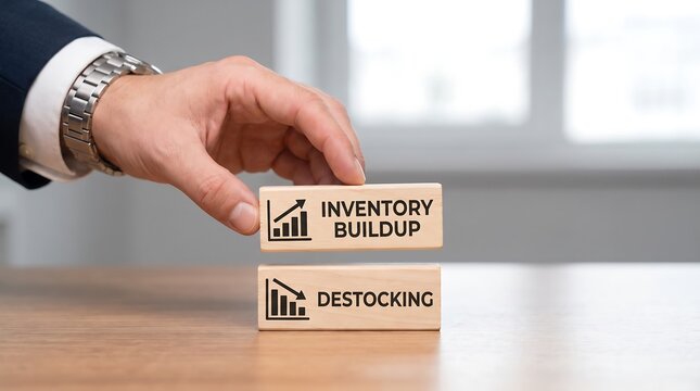 Businessman placing wooden block with inventory buildup on top of destocking block on desk in office
