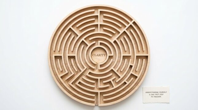 Wooden circular maze with the word clarity in the center