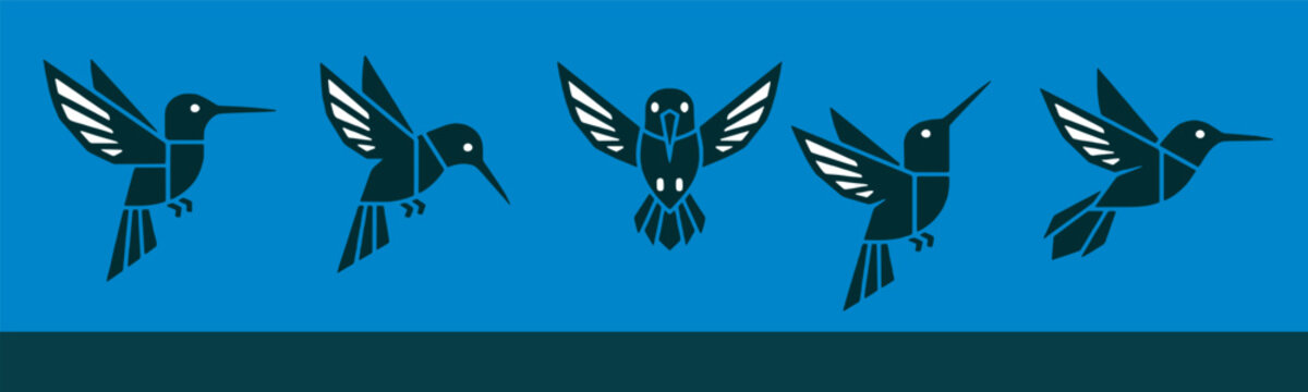 Hummingbird vector illustration set in various flying poses on a blue background, geometric style.