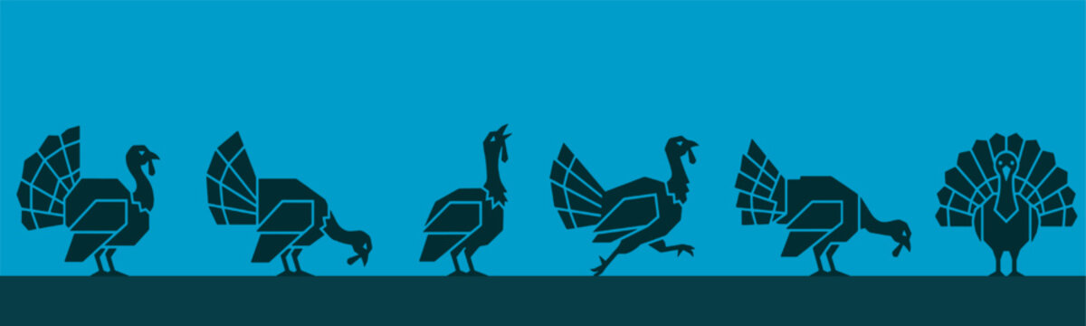 Turkey animation sprite sheet for game or cartoon design in various poses and movements on blue background.